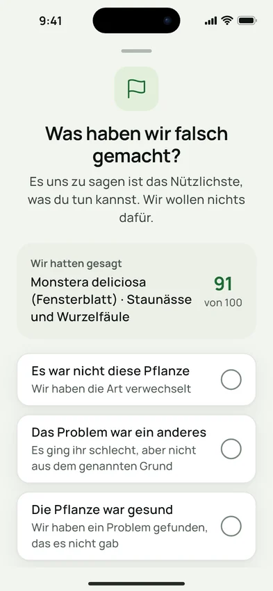 Das Formular „Was haben wir falsch gemacht?“, mit der gestellten Diagnose und ihrer Sicherheit