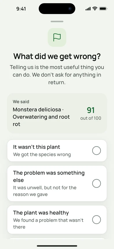 The “What did we get wrong?” sheet, with the diagnosis given and its confidence