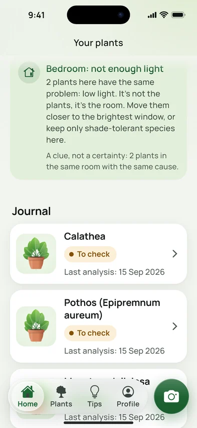 A notice on the Home screen: the bedroom is short of light, two plants have the same problem