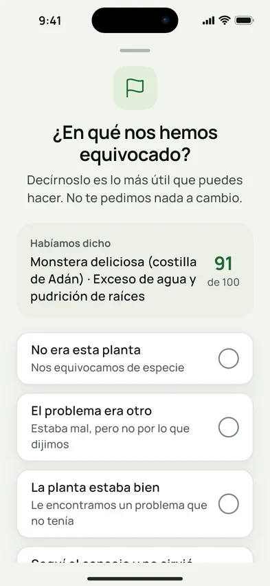 La hoja «¿En qué nos equivocamos?», con el diagnóstico dado y su confianza