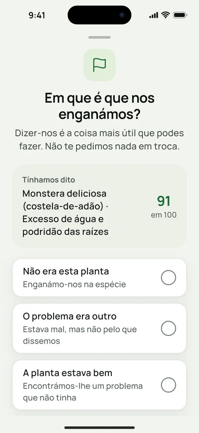 A ficha «Em que nos enganámos?», com o diagnóstico dado e a sua confiança