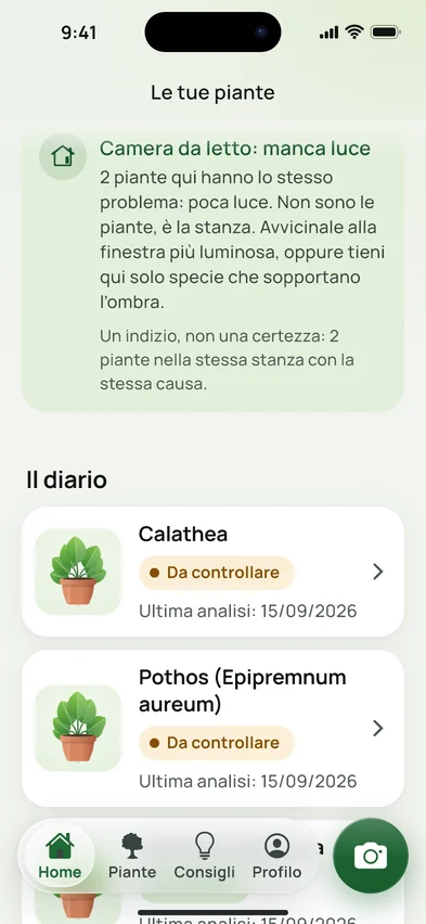 Un avviso nella Home: in camera da letto manca luce, due piante hanno lo stesso problema